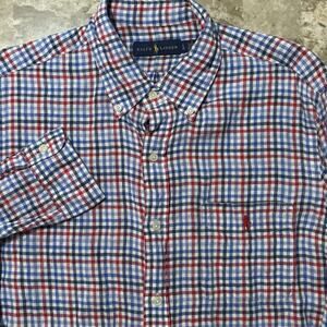 Polo Ralph Lauren Shirt Mens Large 100% Linen Long Sleeve Check Beach FAIR